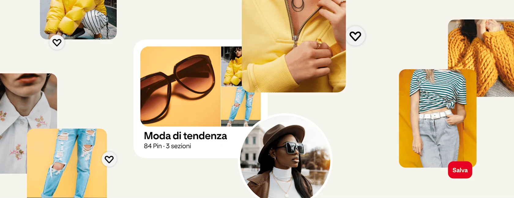 Collage di Pin di moda donna che circonda una bacheca di tendenze di moda e avatar di una giovane donna con cappello e occhiali da sole