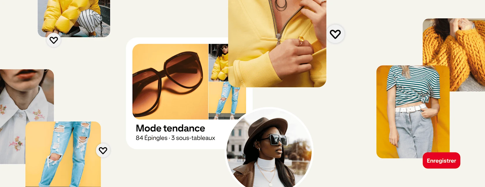 Collage d’Épingles sur la mode femme entourant un tableau de mode tendance et avatar d’une jeune femme portant un chapeau et des lunettes de soleil
