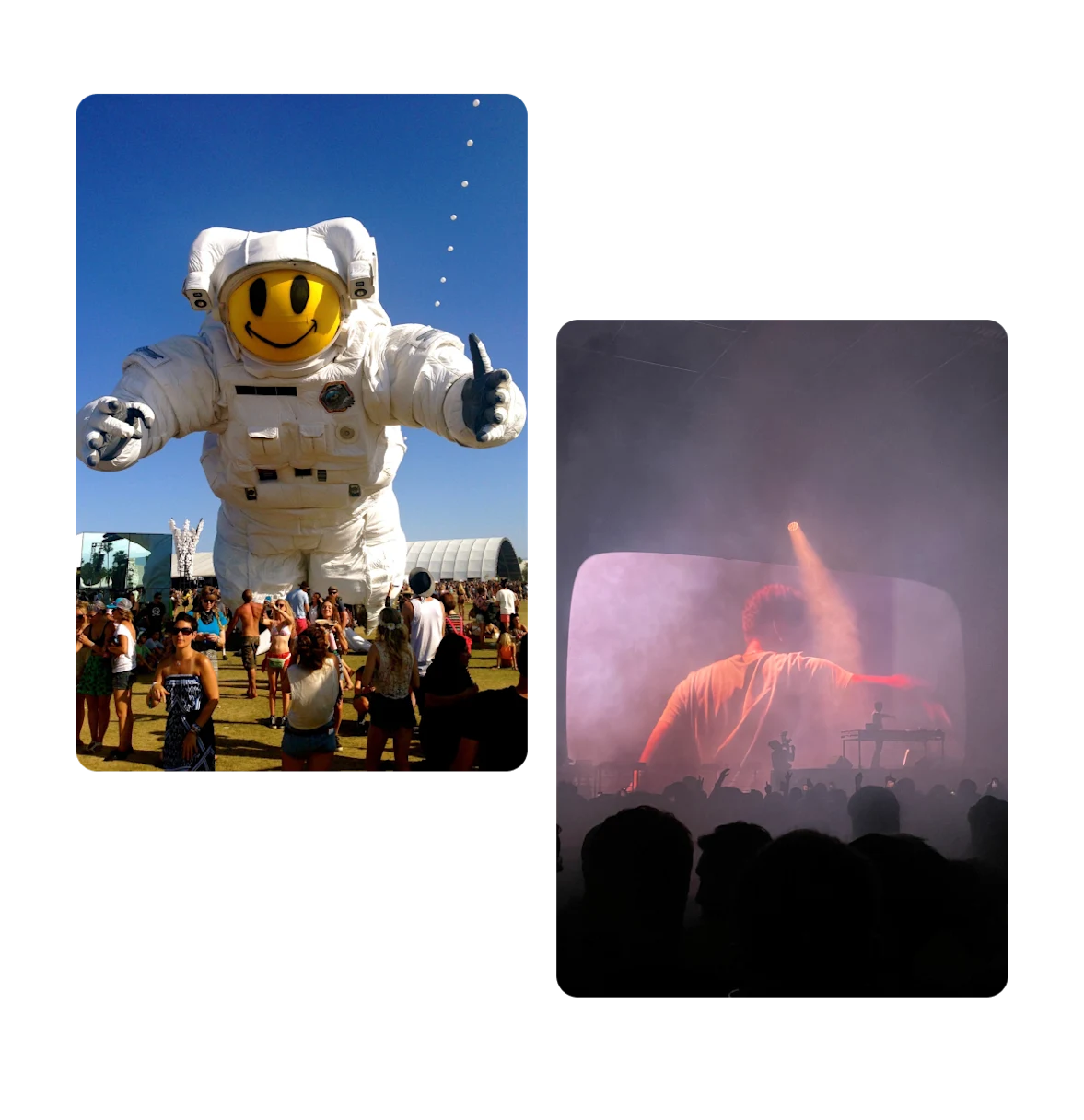 Two pins, floating astronaut at music festival, dj playing show