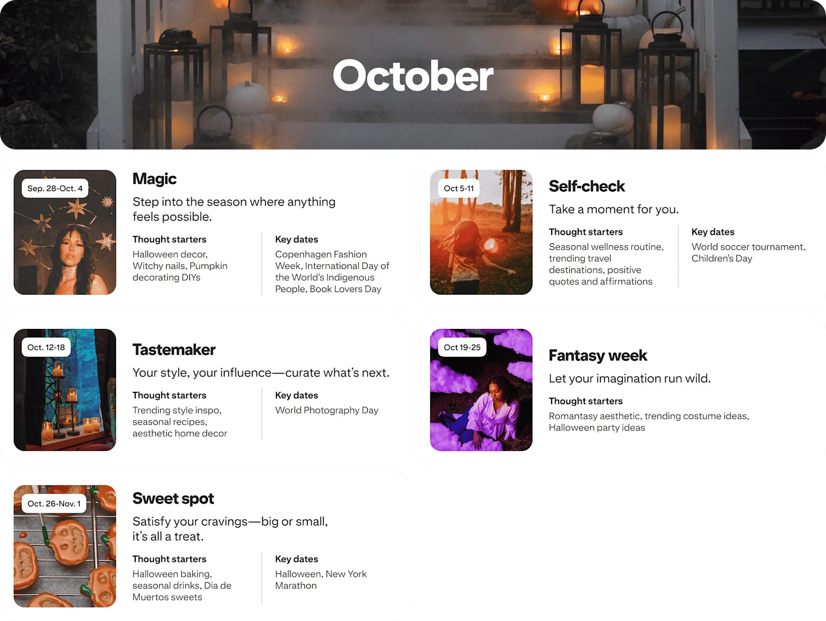 October planner view with five cards: Magic, Self-check, Tastemaker, Fantasy week and Sweet spot, each dated and paired with photos.