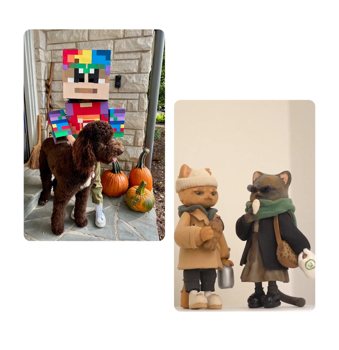 Dois Pins, fantasia de criança feita em casa, mini figuras de dois gatos feitos à mão