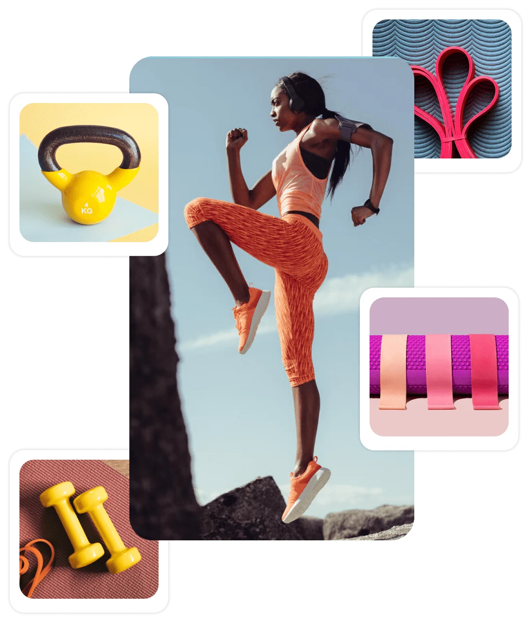 Collage of fitness Pins: A woman in orange workout clothes jumping on a rock with images of exercise equipment surrounding her.