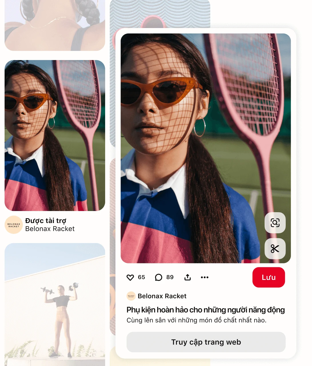 Hình ảnh chi tiết Ghim về một người phụ nữ mặc đồ thể thao sặc sỡ, cầm vợt tennis màu hồng và đeo kính râm, có tên thương hiệu Belonax Racket, phần mô tả và nút kêu gọi hành động.