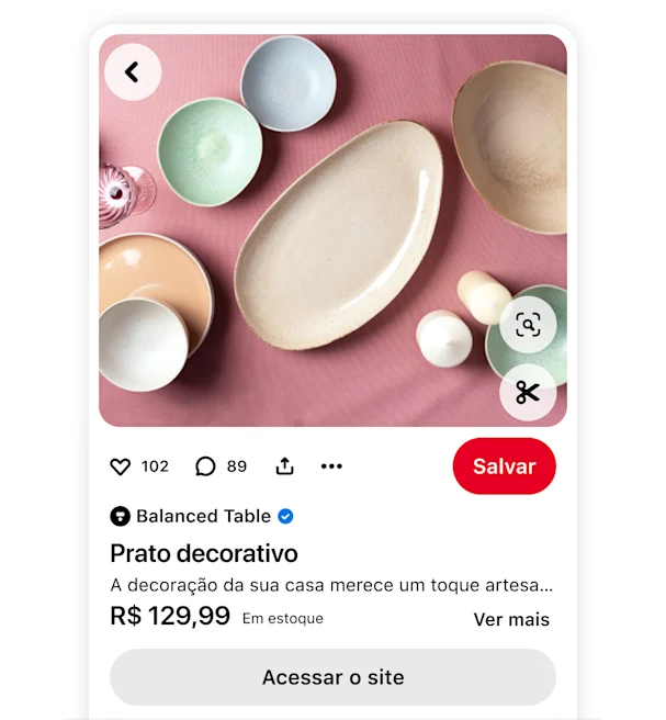 Pin de produto no Pinterest mostra pratos de cerâmica em tons neutros com detalhes como nome do produto, preço e disponibilidade na loja Balanced Table. Inclui um botão "Acessar o site" para compra.