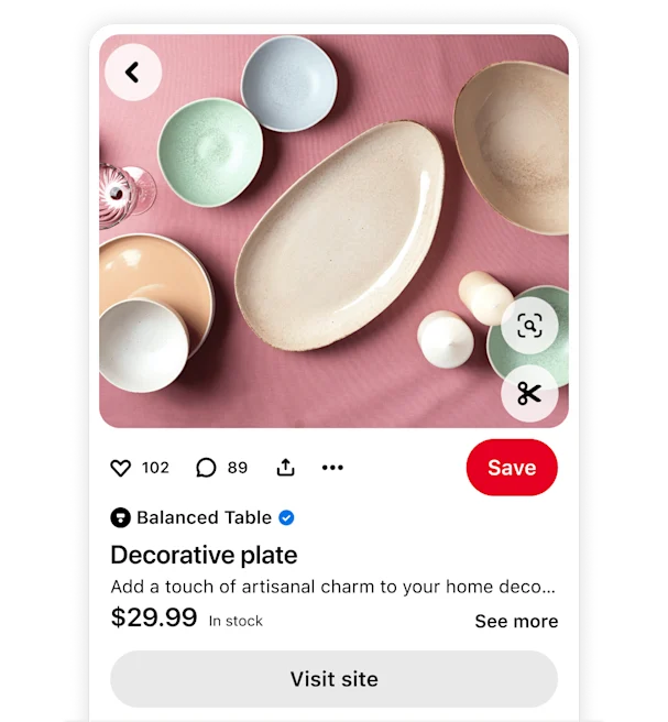 Pinterest product Pin showcasing speckled ceramic plates in muted tones, with details on the product name, price, and availability from Balanced Table, includes a "Visit site" button for purchase.