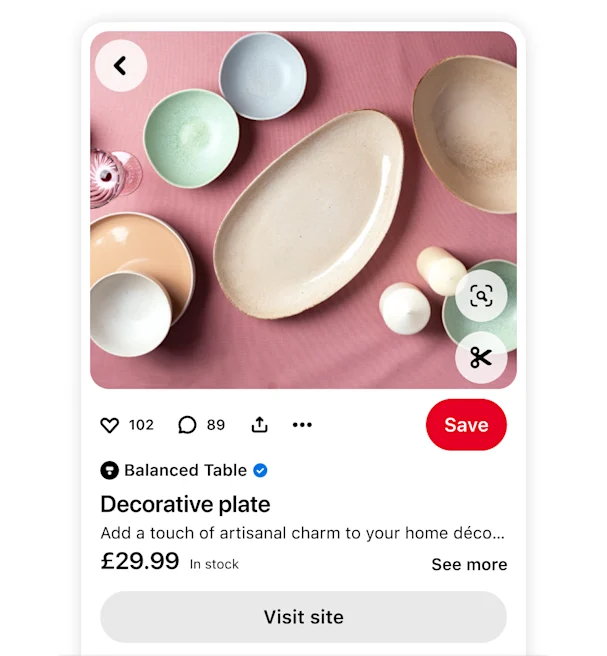 Pinterest product Pin showcasing speckled ceramic plates in muted tones, with details on the product name, price and availability from Balanced Table, as well as a ‘Visit site’ button for purchase.