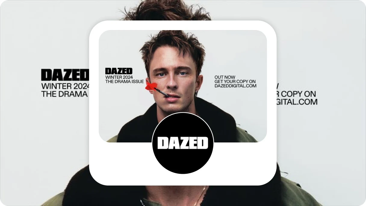 Pinterest profile card for Dazed Magazine. Circle with white Dazed logo on a black background in front of an image of Drew Starkey.