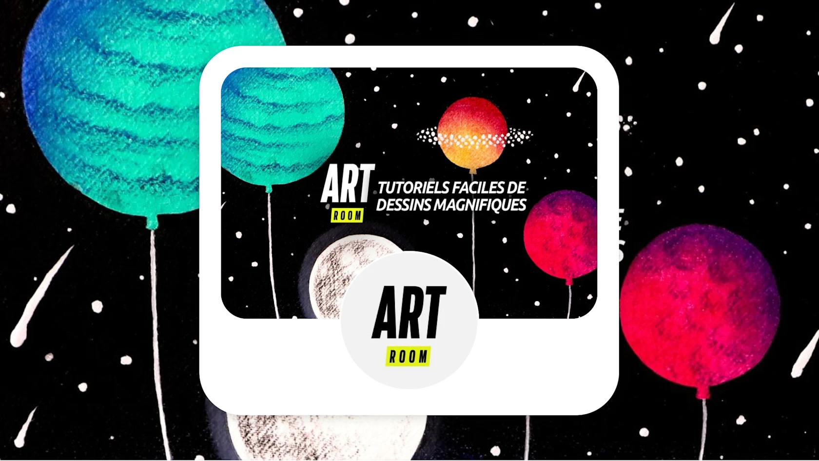 Art Room Pinterest profile and header images including illustrated planets with balloon strings on a black background with white dots. Profile image reads "Art Room"