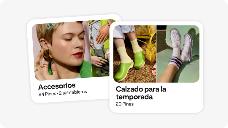 Un tablero etiquetado con la palabra “Accesorios”, con una imagen de una mujer luciendo aretes atrevidos y esculturales. Aparece otro tablero con el título “Zapatos para la temporada” e imágenes de zuecos verdes y sandalias de gelatina transparente.