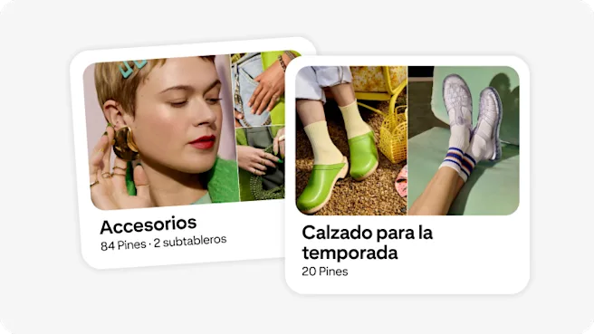 Un tablero etiquetado con la palabra “Accesorios”, con una imagen de una mujer luciendo aretes atrevidos y esculturales. Aparece otro tablero con el título “Zapatos para la temporada” e imágenes de zuecos verdes y sandalias de gelatina transparente.