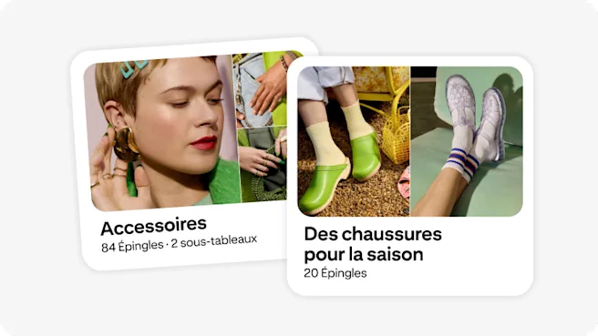 Un tableau comportant le mot « Accessoires » et représentant une femme qui porte des boucles d’oreilles aux lignes audacieuses. Un deuxième tableau intitulé « Chaussures de saison » et composé d’images de sabots verts et de sandales méduses transparentes.