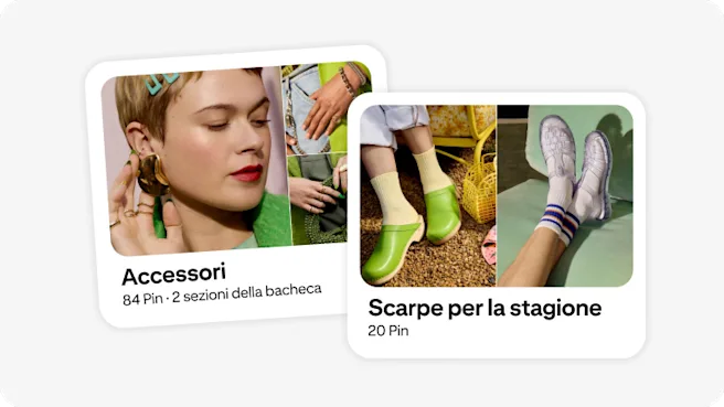 Una bacheca intitolata "Accessori" e l'immagine di una donna che indossa orecchini audaci e scultorei. Una seconda bacheca con il titolo "Scarpe per la stagione" e immagini di zoccoli verdi e sandali trasparenti in plastica.
