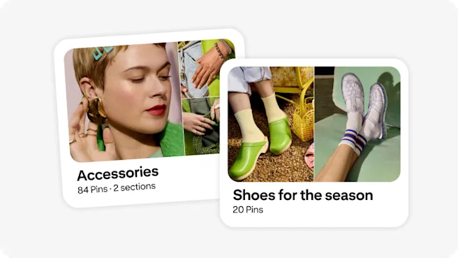 One board labelled with the word ‘Accessories’, with an image of a woman wearing bold, sculptural earrings. A second board with the title ‘Shoes for the season’ and images of green clog shoes and clear jelly sandals.