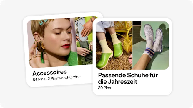 Eine Pinnwand mit der Aufschrift „Accessoires“ und dem Bild einer Frau, die auffällige, skulpturale Ohrringe trägt. Eine zweite Pinnwand mit dem Titel „Schuhe der Saison“ und Bildern von grünen Clogs und durchsichtigen Gummisandalen.