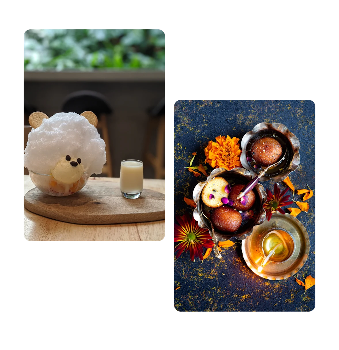 Two pins, teddy bear snack with milk, festive doughtnuts in syrup