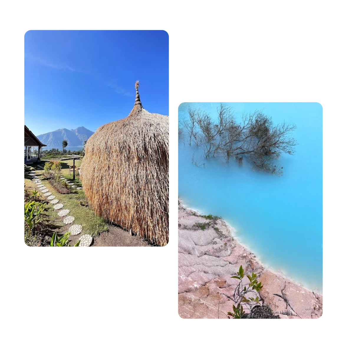 Two pins, straw hut in a village, blue water