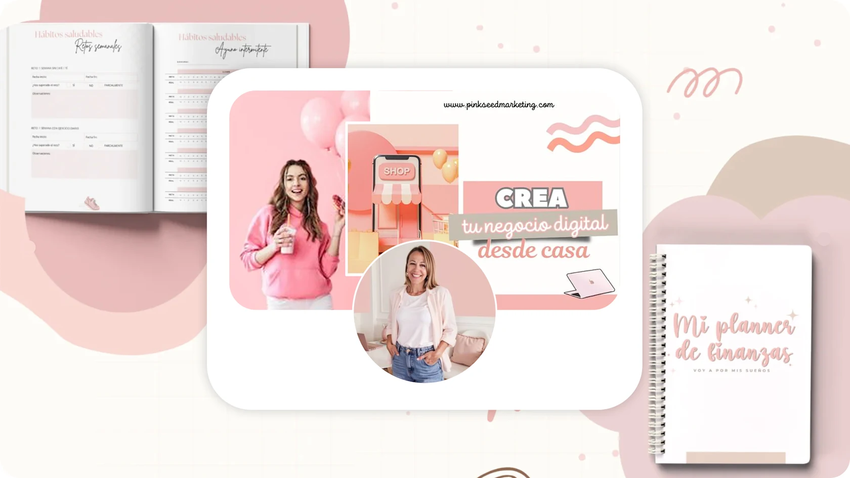 ماري ديوم، مؤسسة Pink Seed Marketing، أمام دفتر ملاحظات ومخطط مُزين برسومات، وخلفية أنيقة بدرجات اللون الوردي.