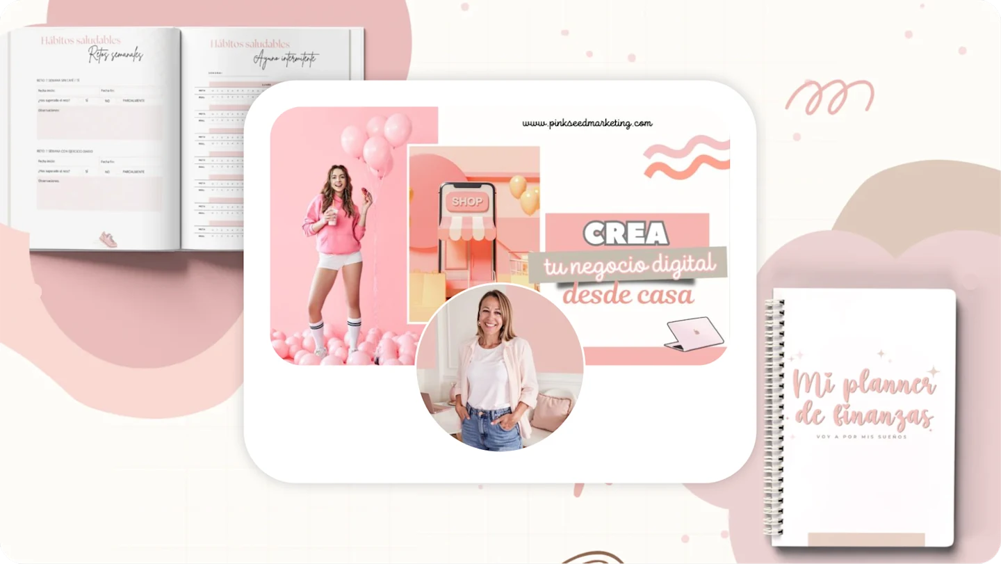 Marie Déom, founder of Pink Seed Marketing, in front of an illustrated notebook and planner with a pink aesthetic background.