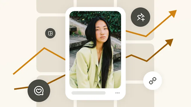 Woman in pale green suit, over beige Pin grid with rising orange trend lines and icons for save, link and comment.