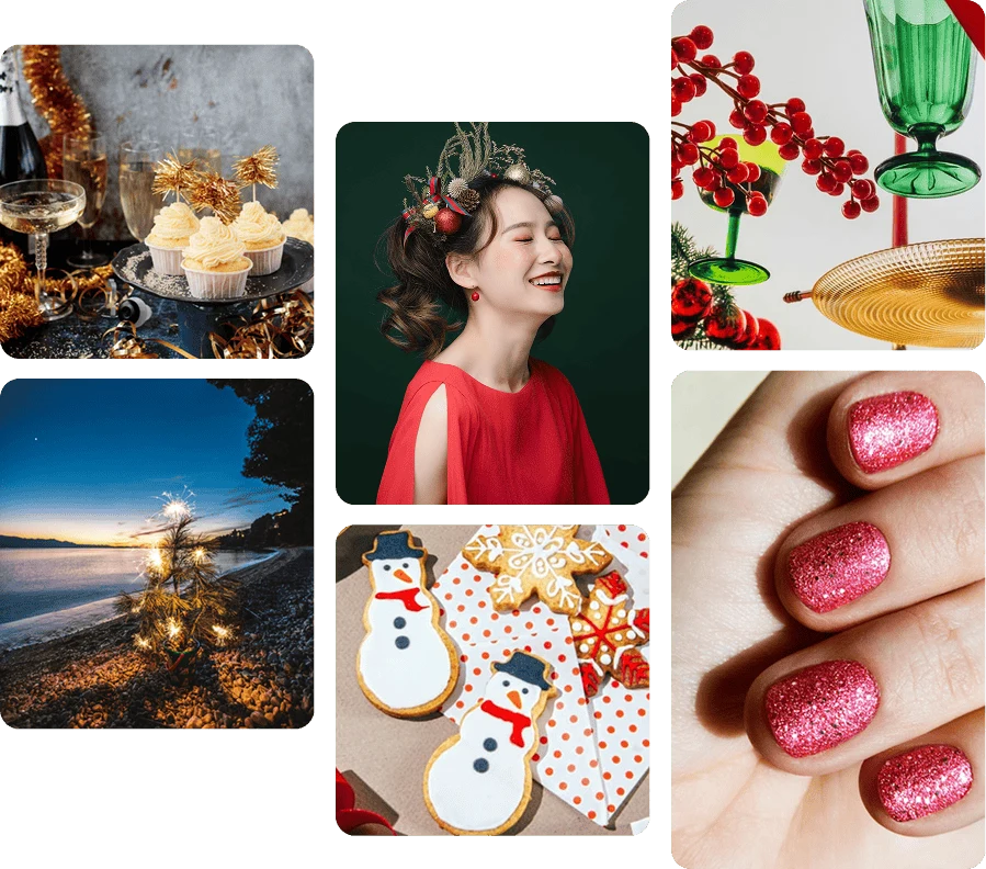 Pin grid of holiday themes images of fashion, beauty, travel and food