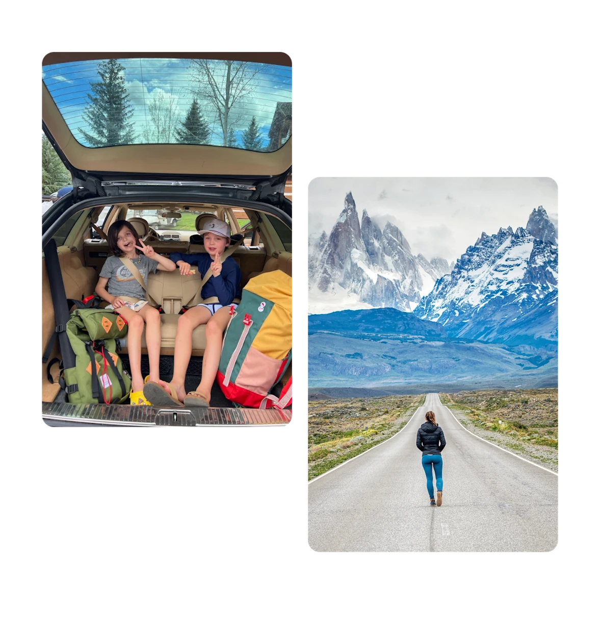 Two pins, two girls in backseat of car with backpacks, walking open road