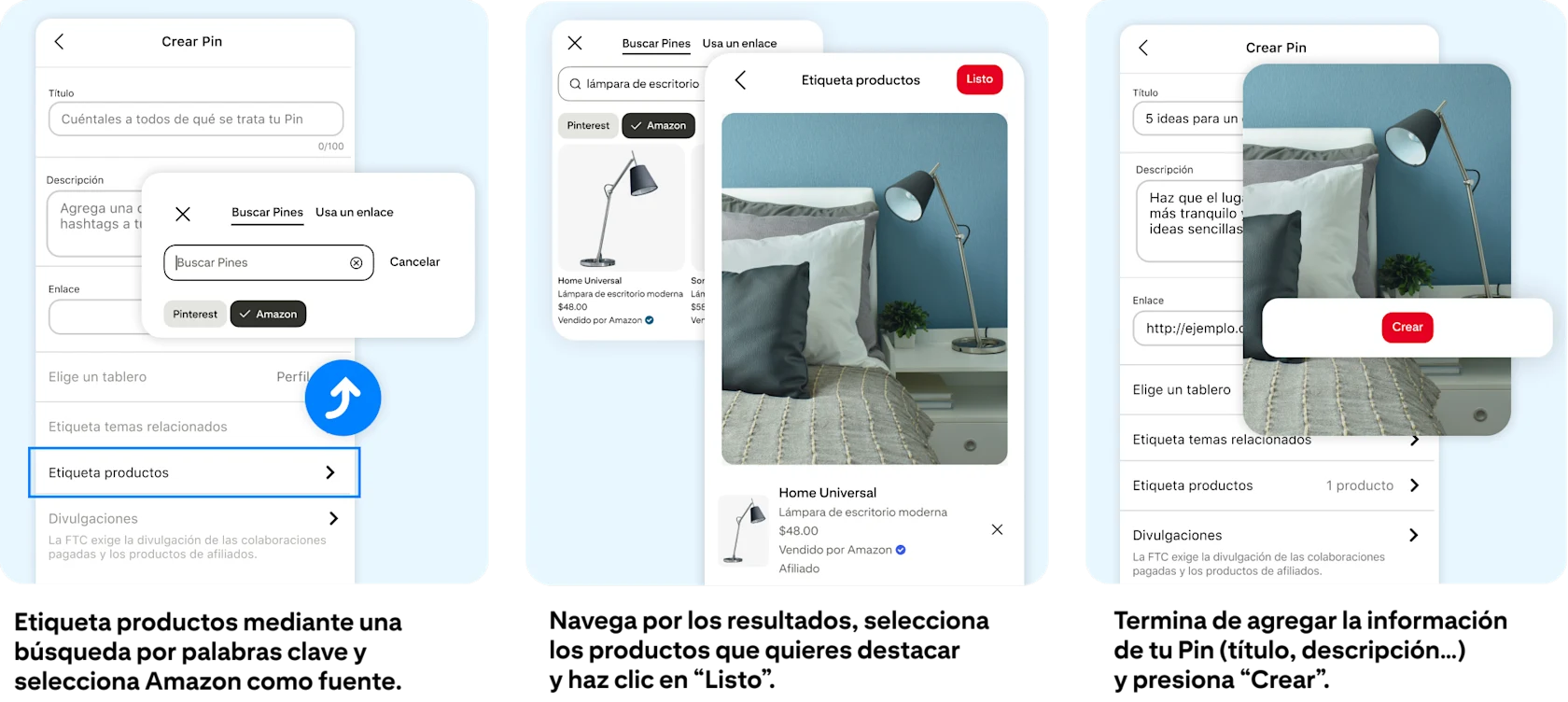 Etiqueta productos con una búsqueda por palabras clave y elige Amazon como fuente. Navega por los resultados, elige los productos que quieres destacar y haz clic en “Listo”. Agrega la información restante del Pin (título, descripción) y presiona “Crear”.