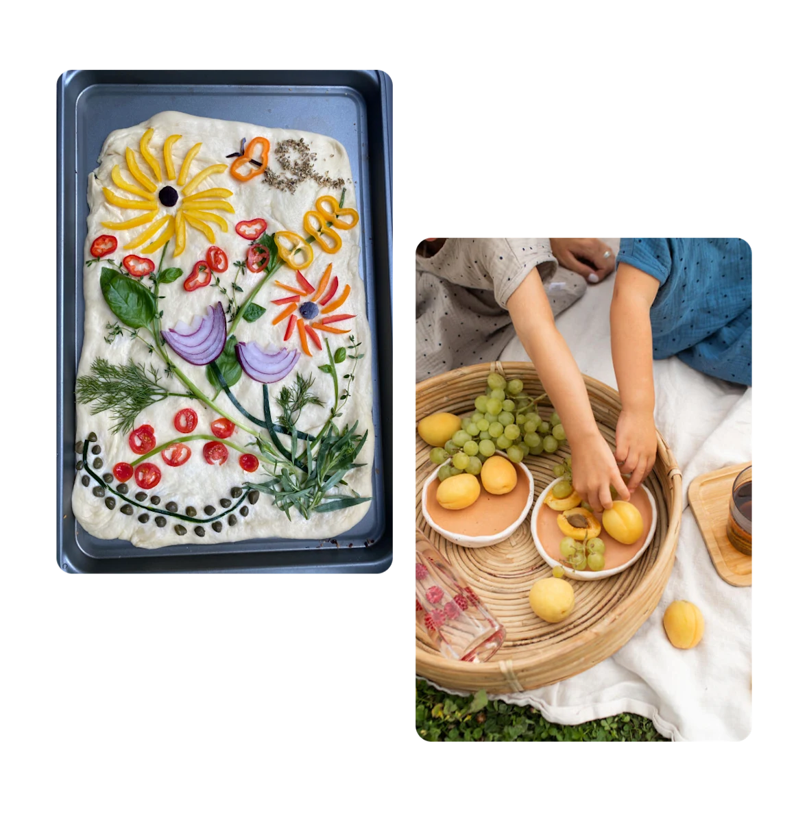 Two pins, floral focaccia bread, picnic with kids