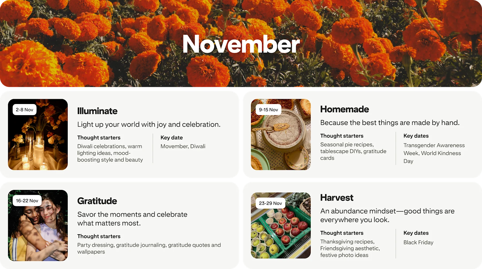 November planner view with four cards: Illuminate, Homemade, Gratitude and Harvest, each dated and paired with photos.