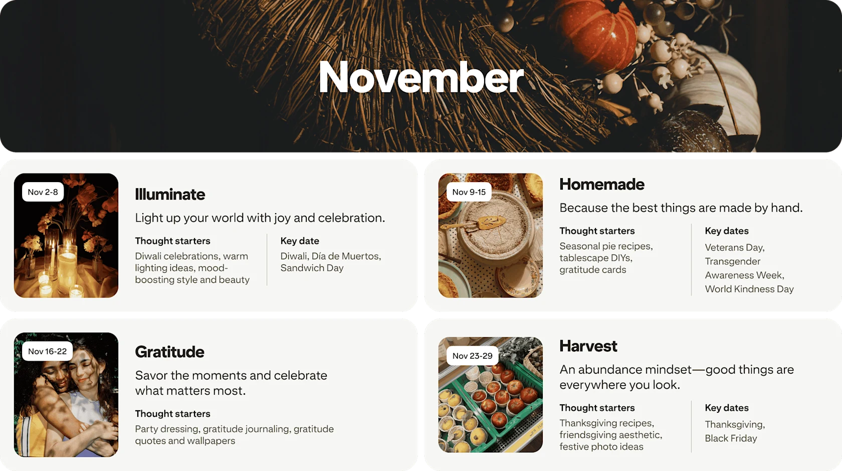 November planner view with four cards: Illuminate, Homemade, Gratitude and Harvest, each dated and paired with photos.