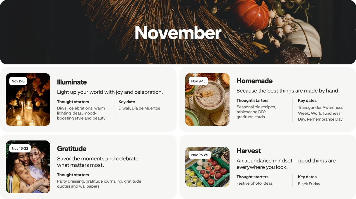 November planner view with four cards: Illuminate, Homemade, Gratitude and Harvest, each dated and paired with photos.