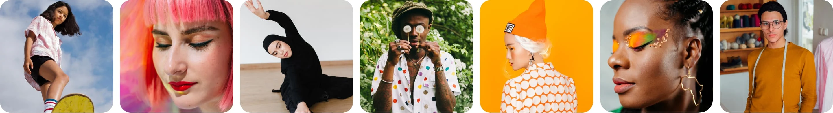 A row of seven diverse people, each in an individual portrait