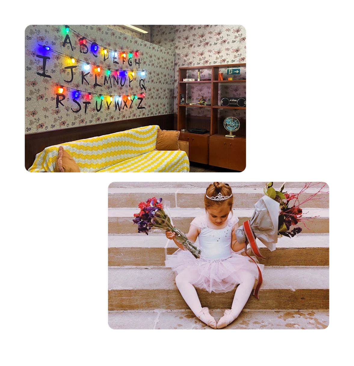 Dois Pins, sala com luzes, criança bailarina com flores