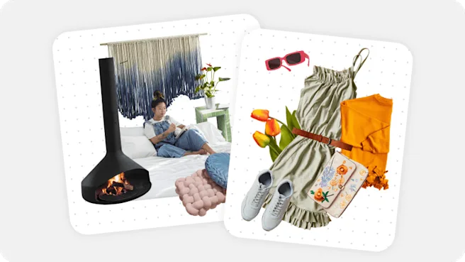 A collage featuring cutouts of a black fireplace, a woman sitting on a white bed and a wall hanging. A second collage shows a summer dress with ruffled hem, white trainers and tulip flower cutouts.