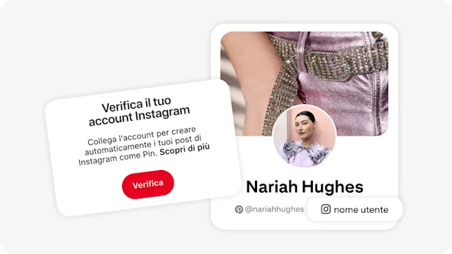 Immagine che invita gli utenti a verificare l'account Instagram. Ci sono un pulsante rosso con la scritta "Verifica" e un testo esplicativo. A destra, una scheda del profilo Pinterest di Nariah Hughes con foto e nomi utente sui suoi social media.