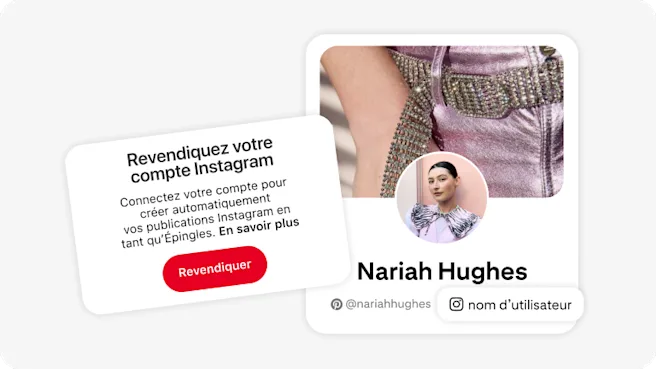 Image disant aux utilisateurs : « Revendiquez votre compte Instagram ». Comprend un bouton rouge intitulé « Revendiquer » et un texte sur la fonctionnalité. À droite, une carte de profil Pinterest de Nariah Hughes avec sa photo et ses pseudonymes.