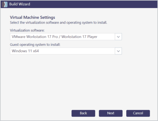 Screenshot of the "Build Wizard" window in SmartDeploy. The section is titled "Virtual Machine Settings" and prompts the user to select the virtualization software and guest operating system to install. Two dropdown menus are shown: one for selecting "VMware Workstation 17 Pro / Workstation 17 Player" as the virtualization software, and another for selecting "Windows 11 x64" as the guest operating system. Navigation buttons labeled "Back," "Next," and "Cancel" appear at the bottom.