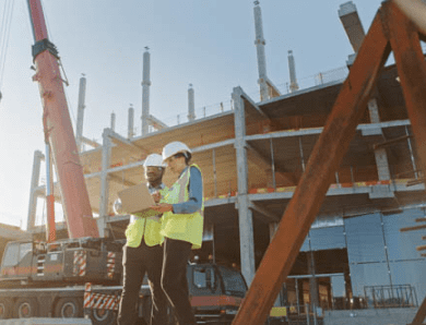 2 individuals looking at a laptop at a construction site