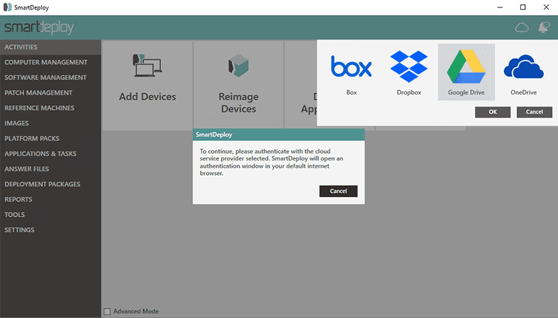 Image of SmartDeploy console showing the Activities tab and a wizard guide to take users through the process of connecting to their cloud storage provider.