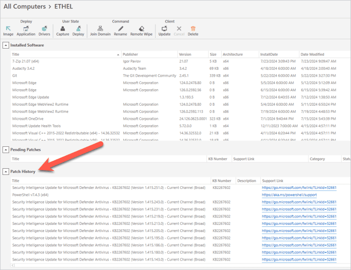 The patch history view in SmartDeploy