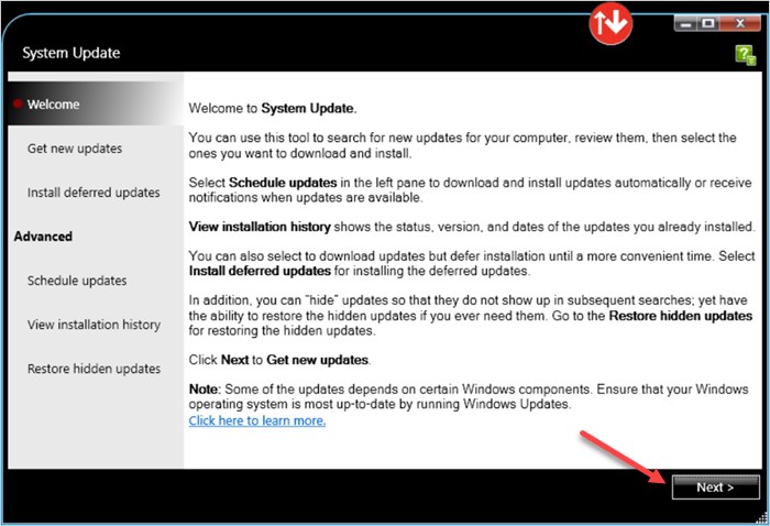 Screenshot of System Update UI Welcome screen