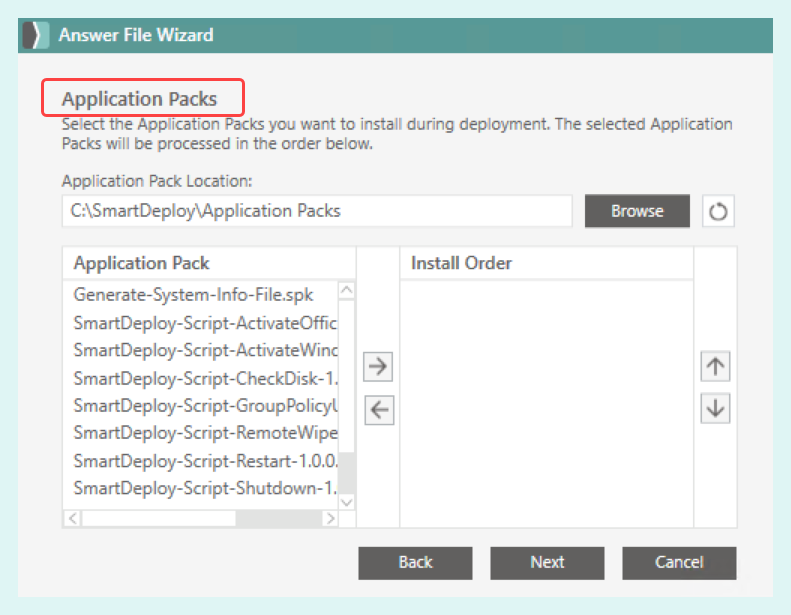 Select the applications packs to add to the answer file