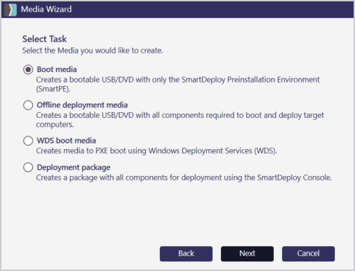 Screenshot of the "Media Wizard" window in SmartDeploy. The section titled "Select Task" presents four radio button options for media creation: "Boot media" (selected), which creates a bootable USB/DVD with SmartDeploy Preinstallation Environment; "Offline deployment media," which includes all components for deployment; "WDS boot media," for PXE boot using Windows Deployment Services; and "Deployment package," which creates a full deployment package for use with the SmartDeploy Console. Navigation buttons labeled "Back," "Next," and "Cancel" appear at the bottom.