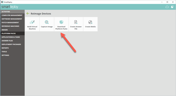 SmartDeploy menu: Download Platform Packs