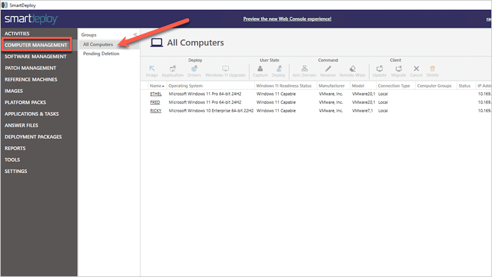 SmartDeploy console showing Computer Management view on the dashboard