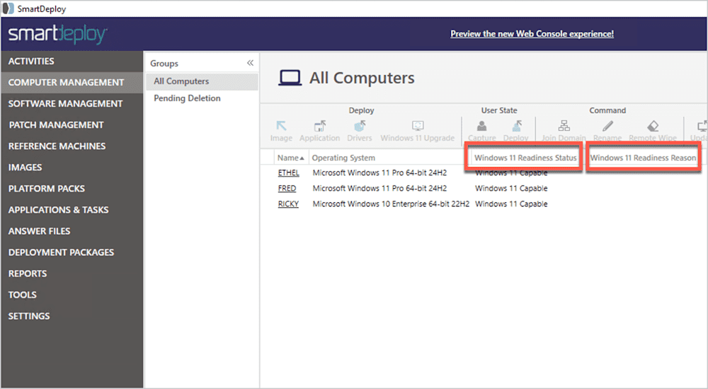 SmartDeploy console showing Windows 11 Readiness Status and Windows 11 Readiness Reason in Computer Management view