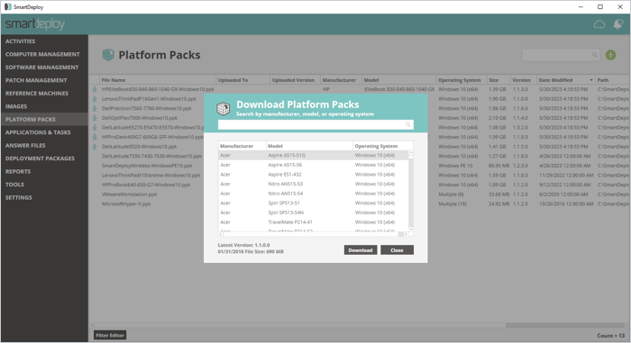 SmartDeploy: Download Platform Packs menu