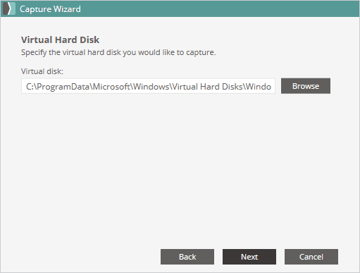 Screenshot of SmartDeploy's user interface showing the Capture Wizard for virtual hard disk.