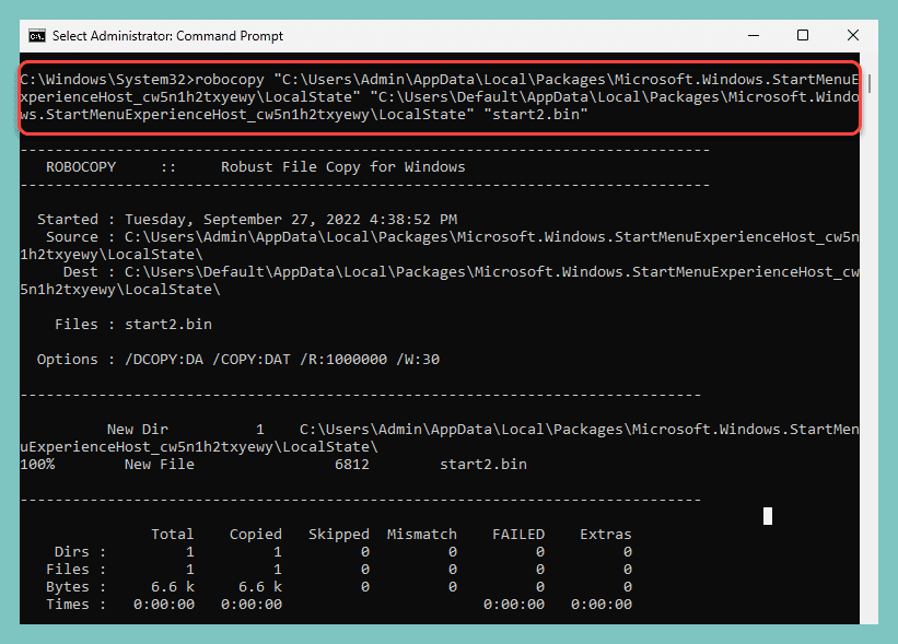 Using Robocopy in Command Prompt to copy start.bin to the default user profile in Windows 11