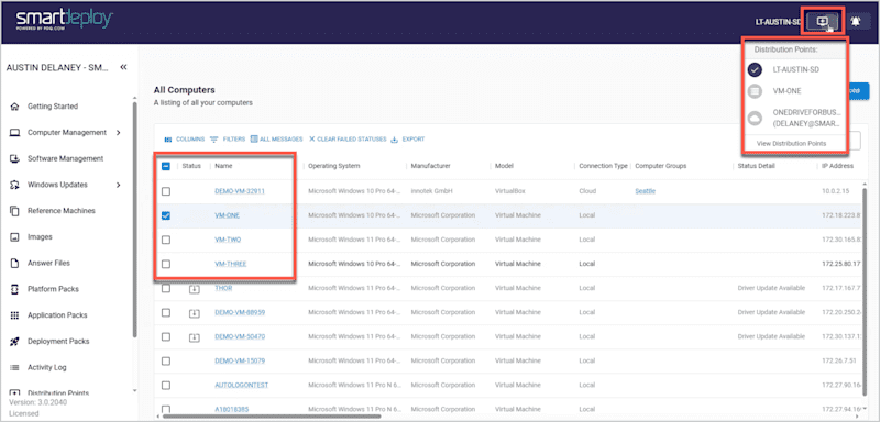 A screenshot showing how to find and select distribution points in SmartDeploy