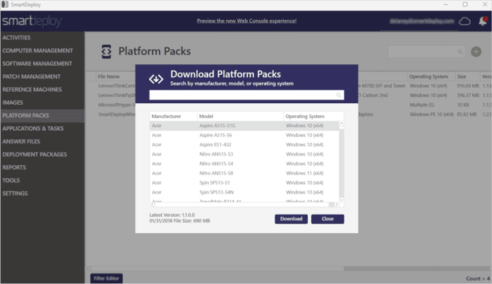 Screenshot of the SmartDeploy application showing the "Platform Packs" section. A modal window titled "Download Platform Packs" is open, allowing the user to search by manufacturer, model, or operating system. The list in the window displays Acer laptop models such as Aspire A515-51G and Spin SP513-54N, all with "Windows 10 (x64)" as the operating system. At the bottom of the modal, the latest version is listed as 11.0.0 with a file size of 690 MB dated 01/31/2018. Buttons labeled "Download" and "Close" appear below the list.